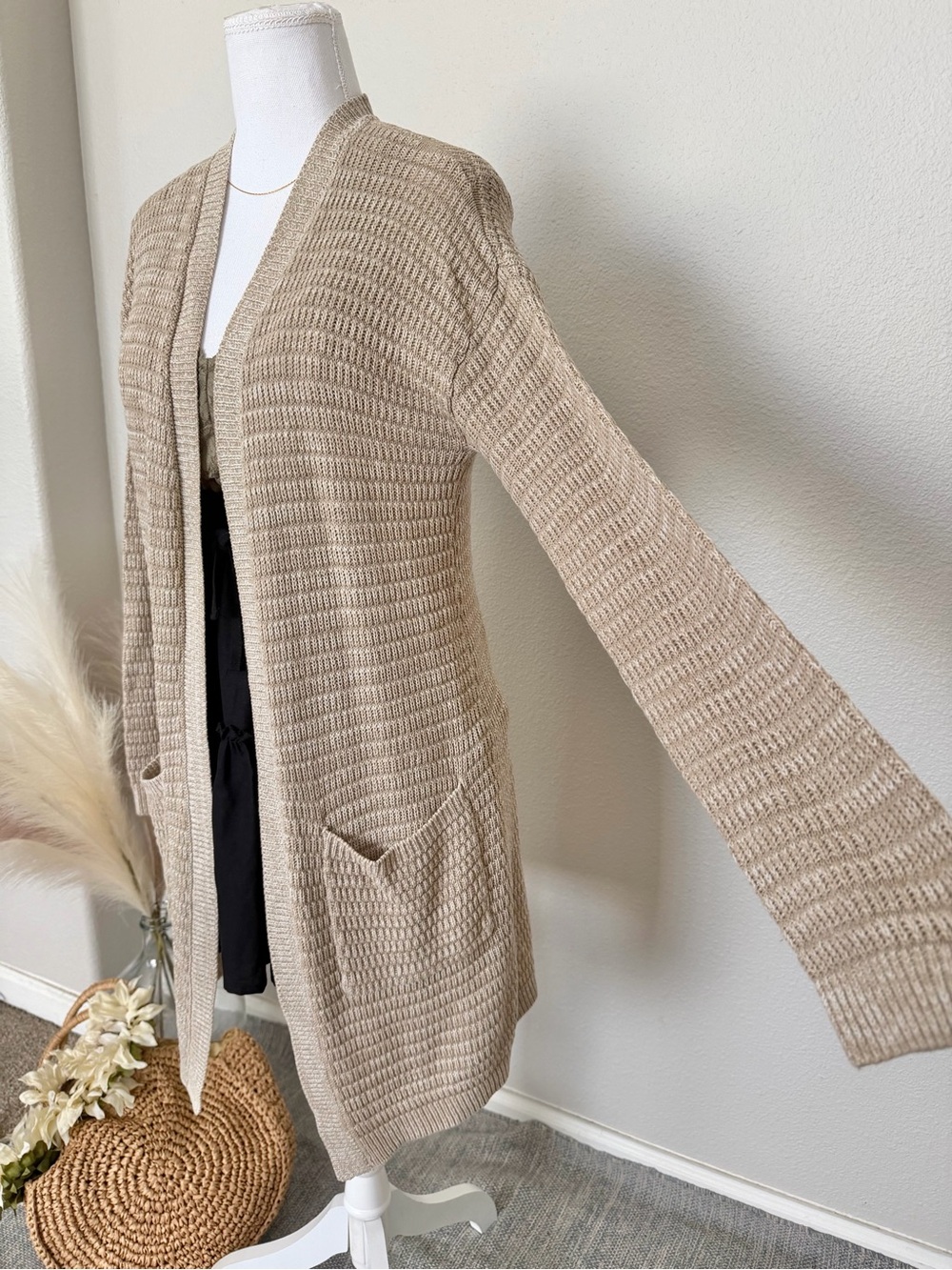 Forever 21 - Beige Open-Front Waffle Knit Cardigan Sweater